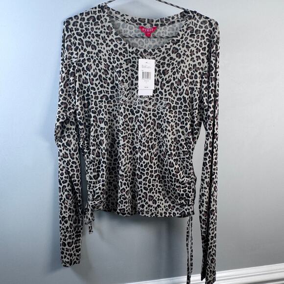 Guess Women's L NWT Leopard Sheer Long sleeve Sparkle Guess Logo Top - Picture 1 of 7